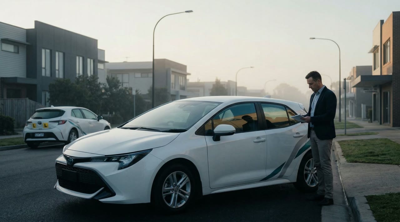 A driving lesson in progress on a suburban Australian road